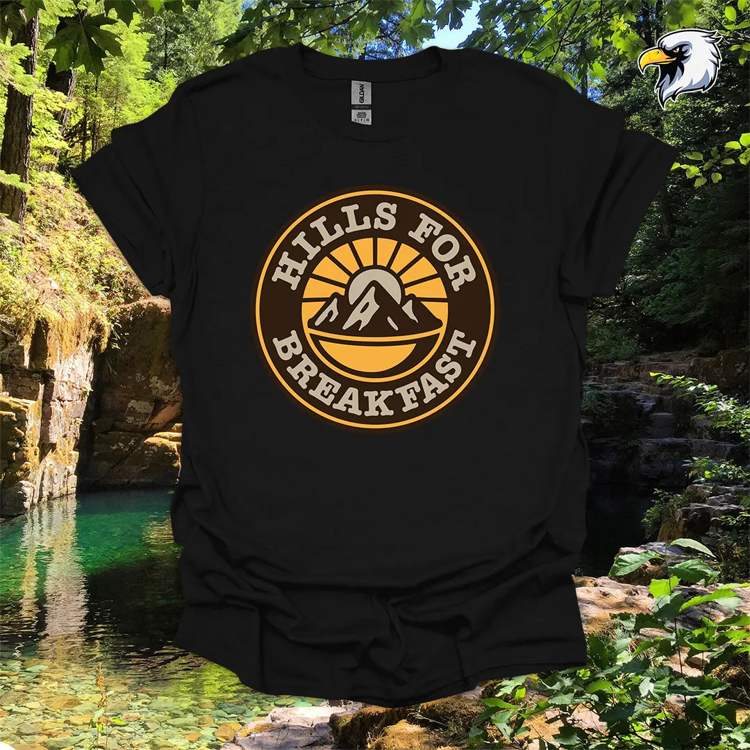 “Hills for Breakfast” hiking t-shirt – Retro Mountain Graphic