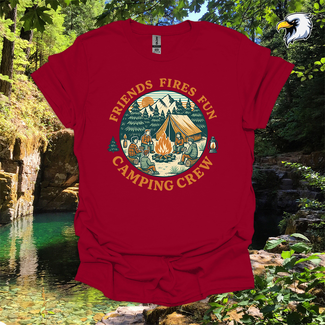 “Friends Fires Fun Camping Crew” hiking t-shirt – Vintage Campfire Graphic