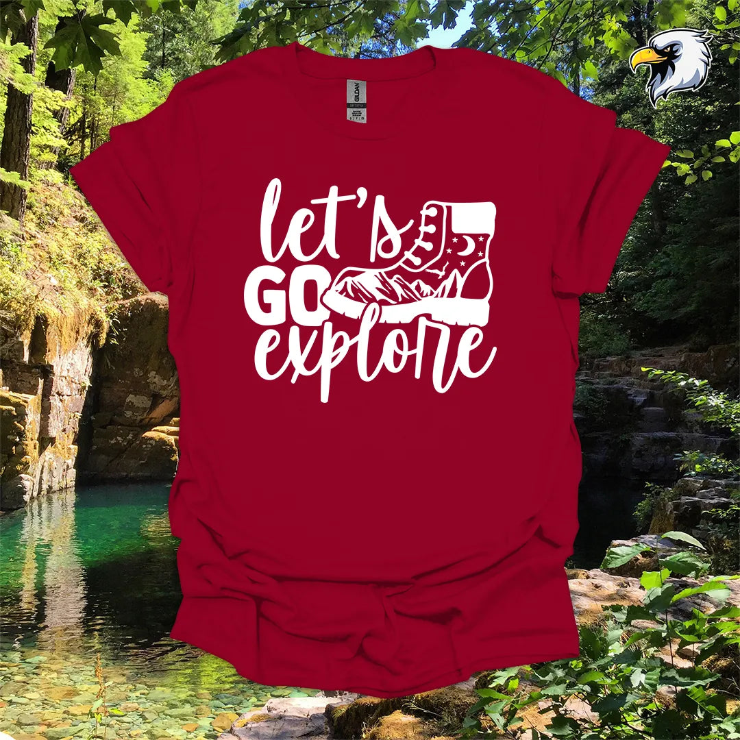 “Let’s Go Explore” hiking t-shirt – Boot and Mountain Graphic