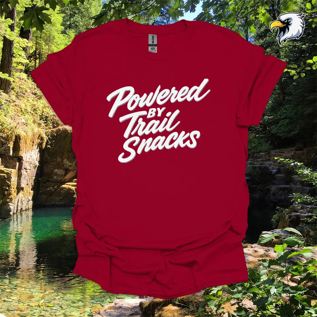 “Powered by Trail Snacks” Hiking T-Shirt – Bold Script Graphic