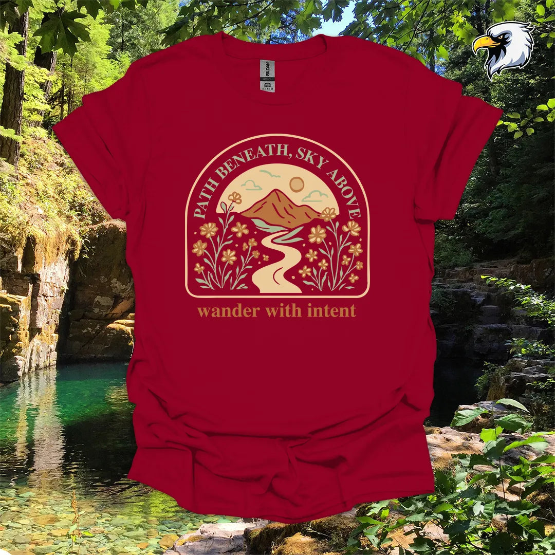“Path Beneath, Sky Above” hiking t-shirt – Mountain & Wildflower Graphic
