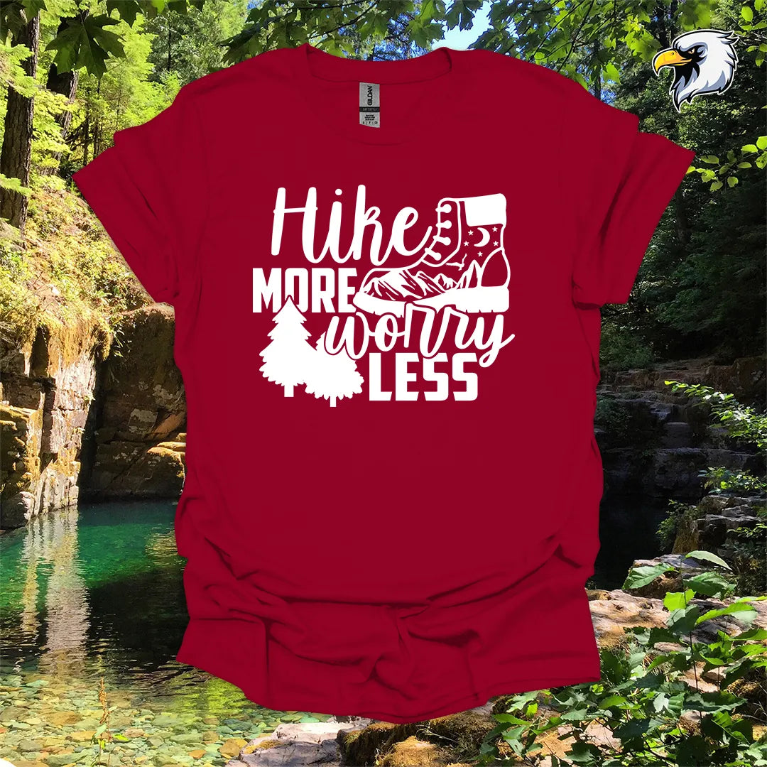 “Hike More Worry Less” hiking t-shirt – Mountain Boot Graphic