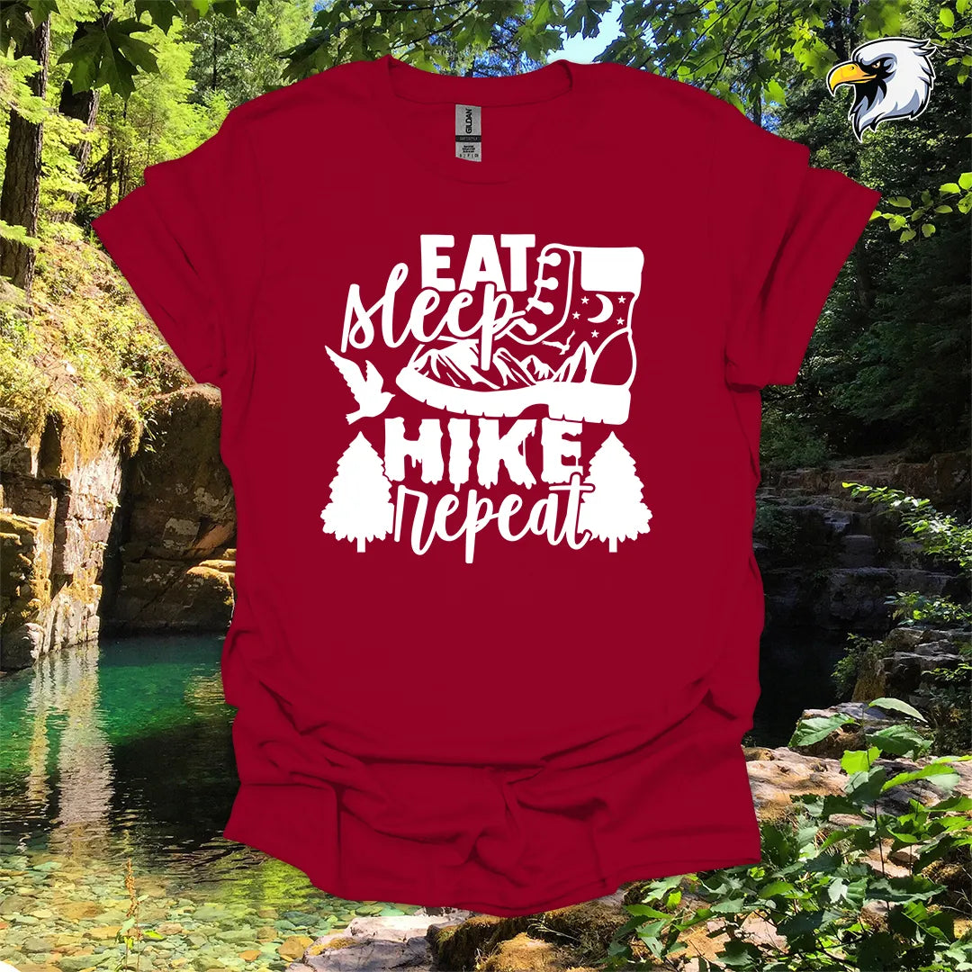“Eat Sleep Hike Repeat” hiking t-shirt – Boot and Mountain Graphic