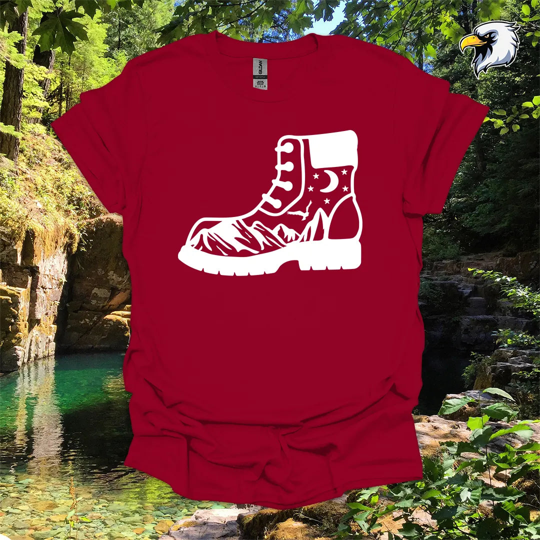 “Hiking Boots, Mountain Views” hiking t-shirt – Night Sky Graphic