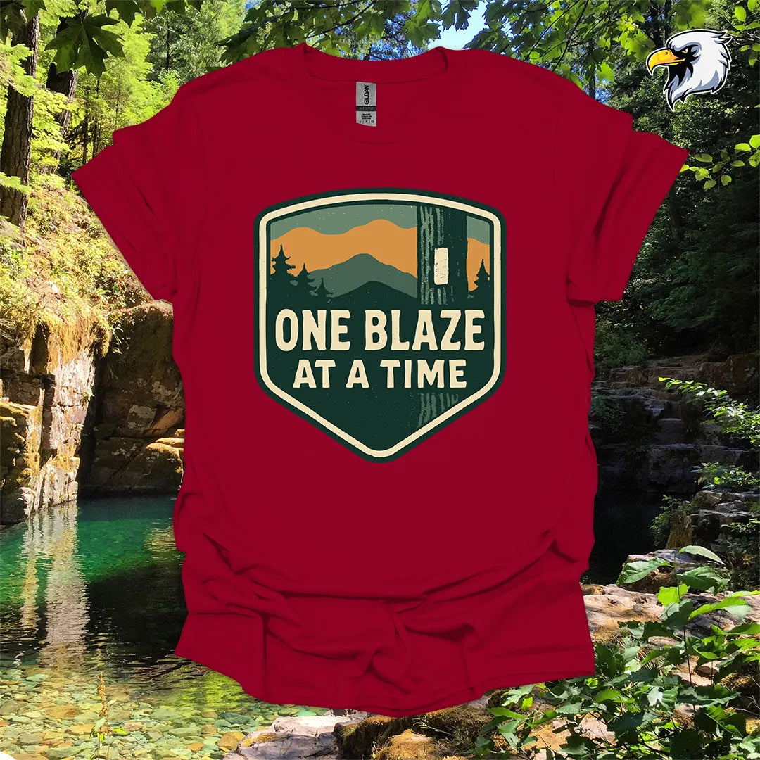 “One Blaze at a Time” Hiking T-Shirt – Mountain Badge Graphic