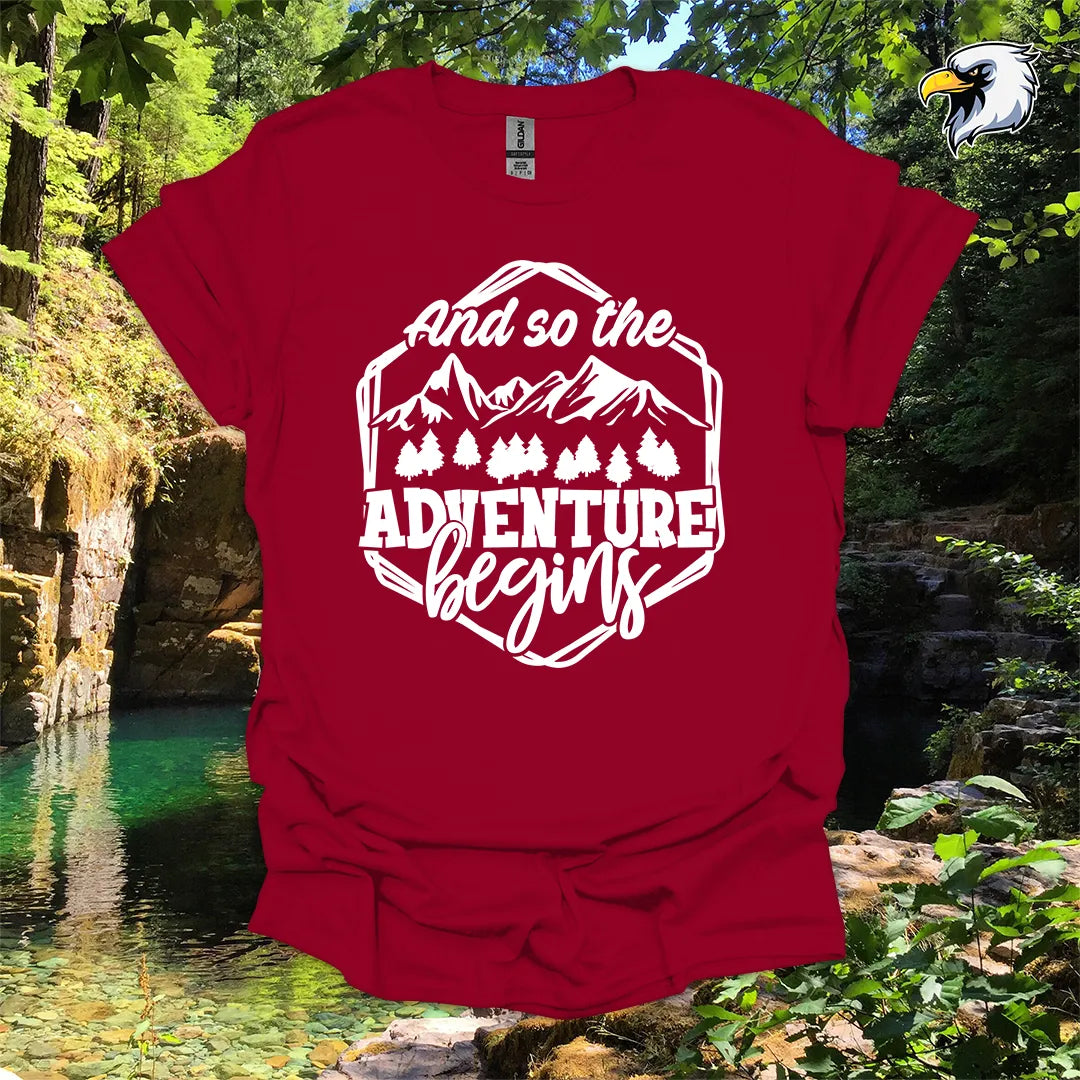 “And so the Adventure Begins” hiking t-shirt – Mountain Graphic