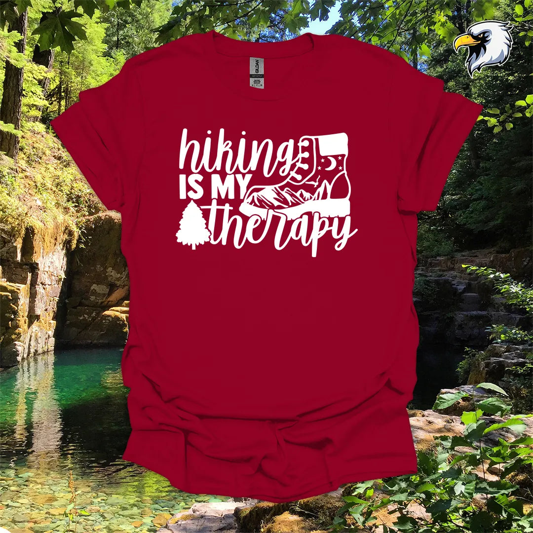 “Hiking Is My Therapy” hiking t-shirt – Boot and Mountain Graphic