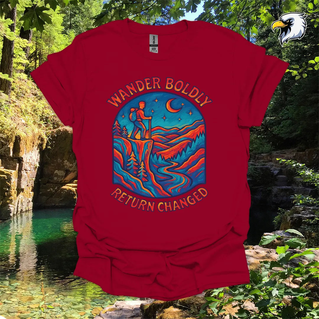 “Wander Boldly Return Changed” hiking t-shirt – Vibrant Mountain Graphic