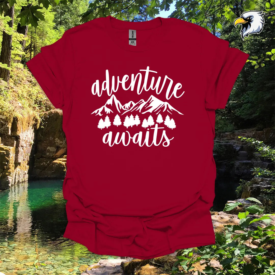 “Adventure Awaits” hiking t-shirt – Mountain & Forest Graphic