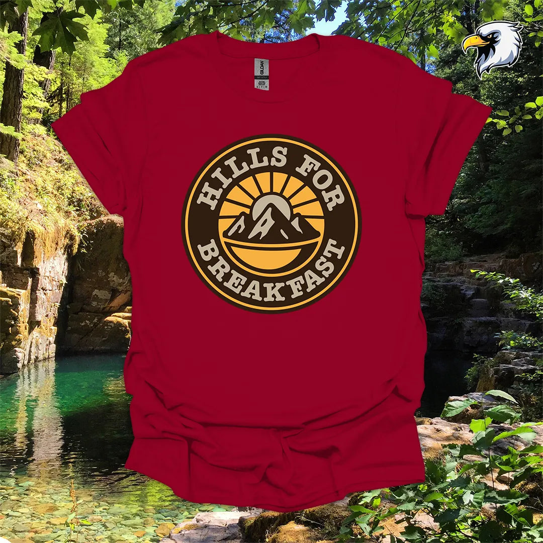 “Hills for Breakfast” hiking t-shirt – Retro Mountain Graphic