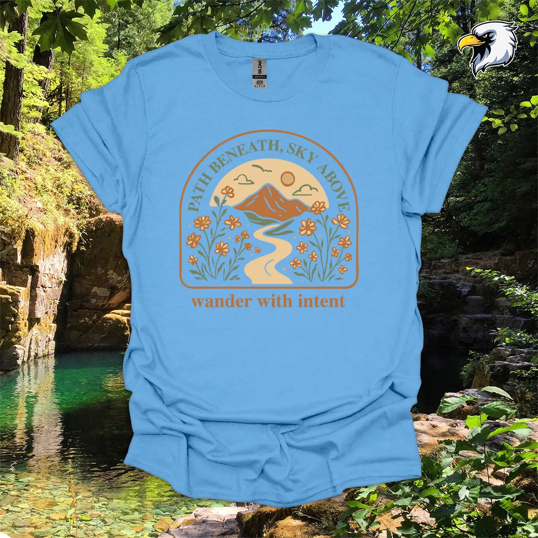“Path Beneath, Sky Above” hiking t-shirt – Mountain & Wildflower Graphic