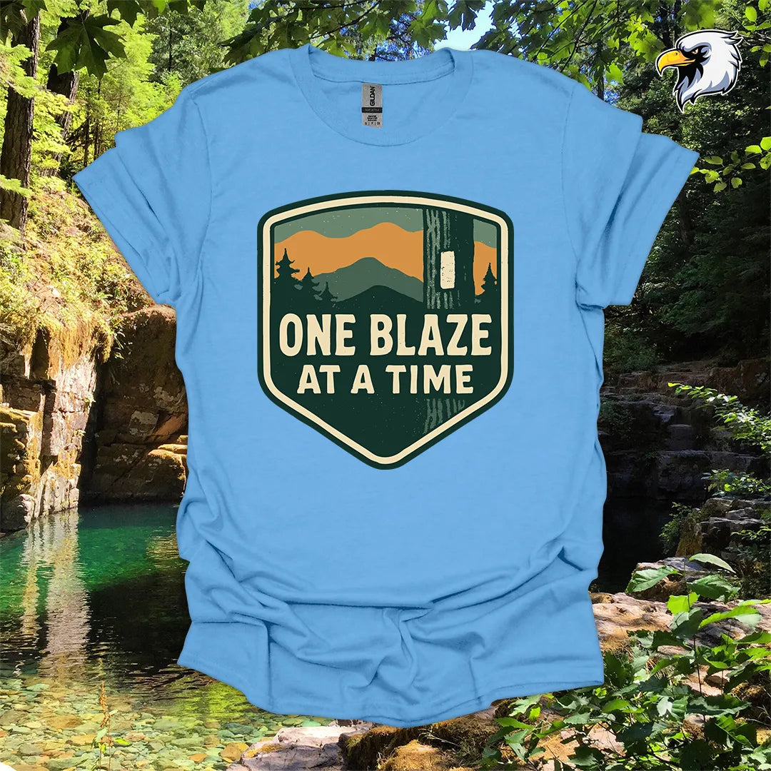 “One Blaze at a Time” Hiking T-Shirt – Mountain Badge Graphic