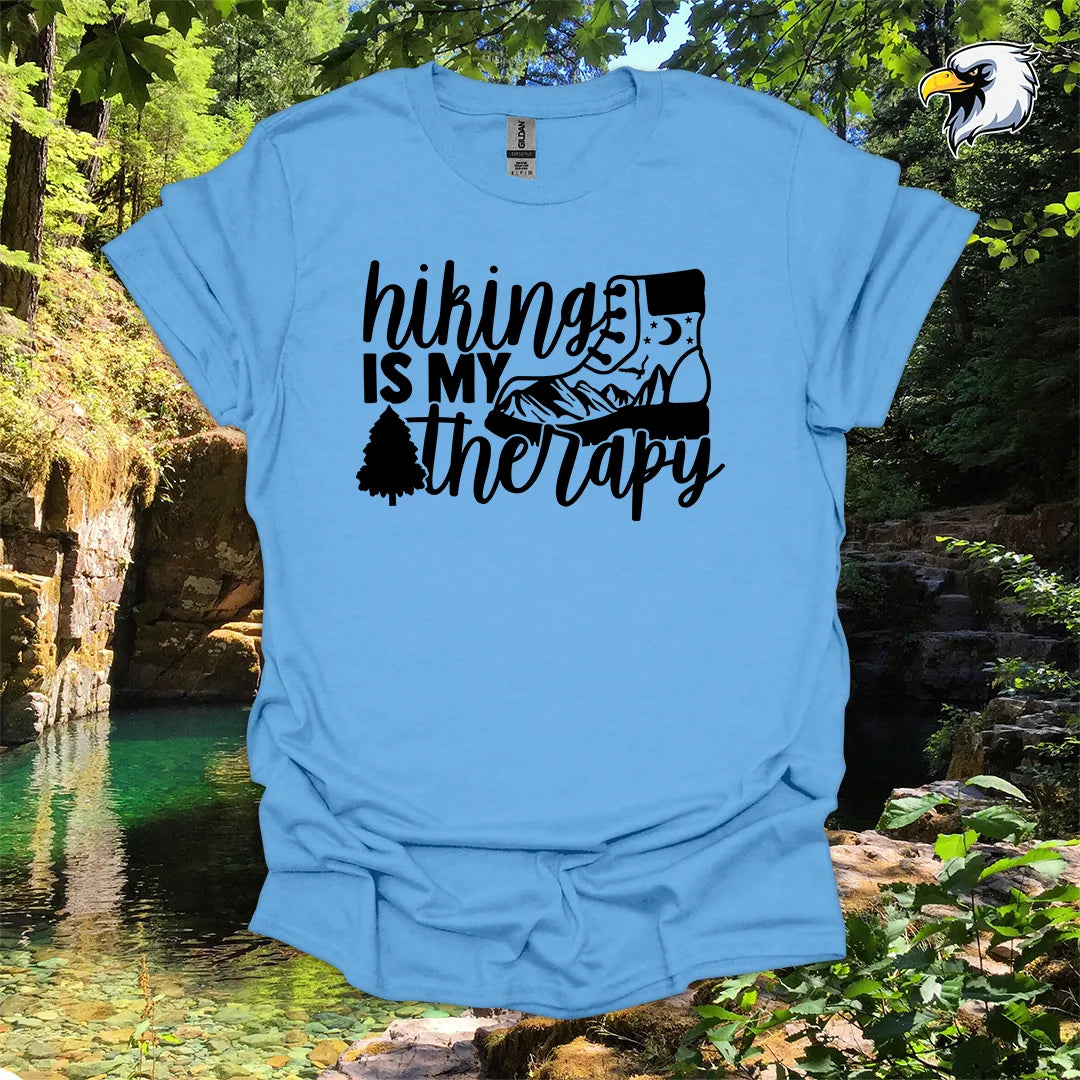 “Hiking Is My Therapy” hiking t-shirt – Boot and Mountain Graphic