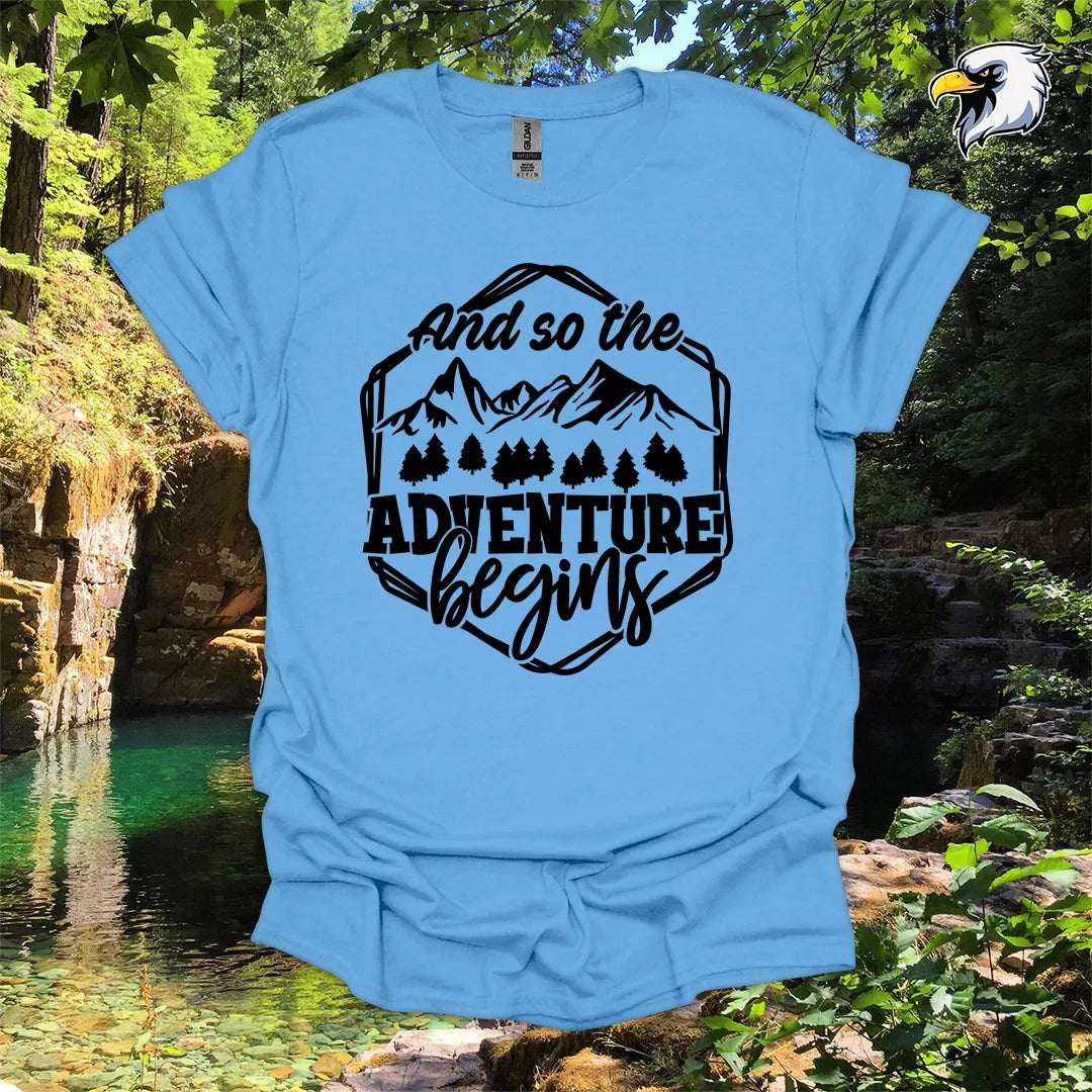 “And so the Adventure Begins” hiking t-shirt – Mountain Graphic