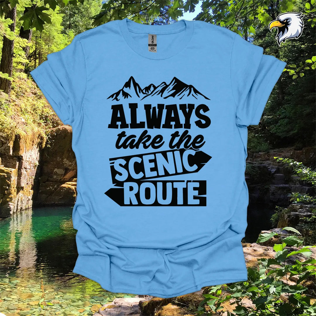 “Always Take the Scenic Route” hiking t-shirt – Mountain Graphic