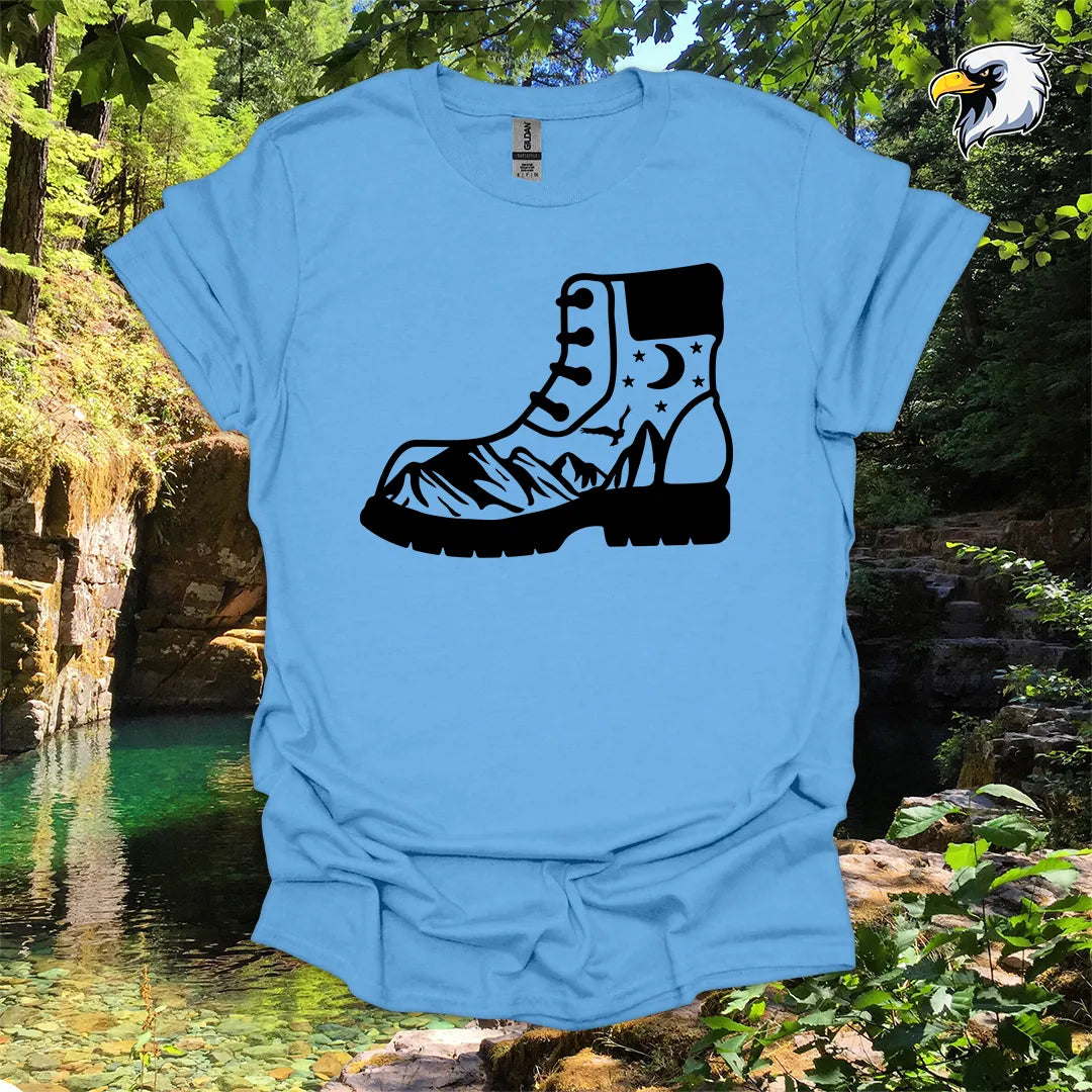 “Hiking Boots, Mountain Views” hiking t-shirt – Night Sky Graphic