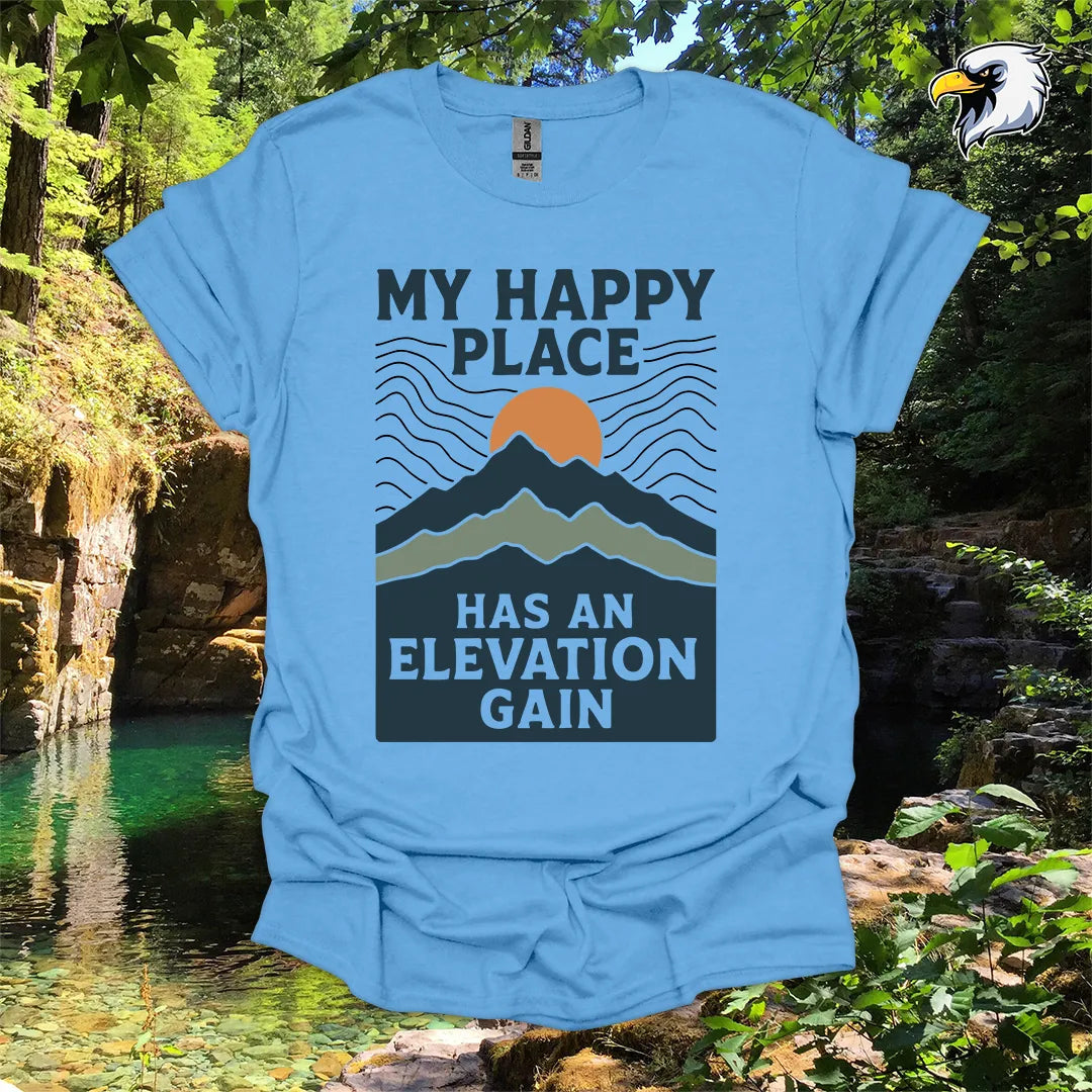 “My Happy Place Has an Elevation Gain” Hiking T-Shirt – Mountain Graphic