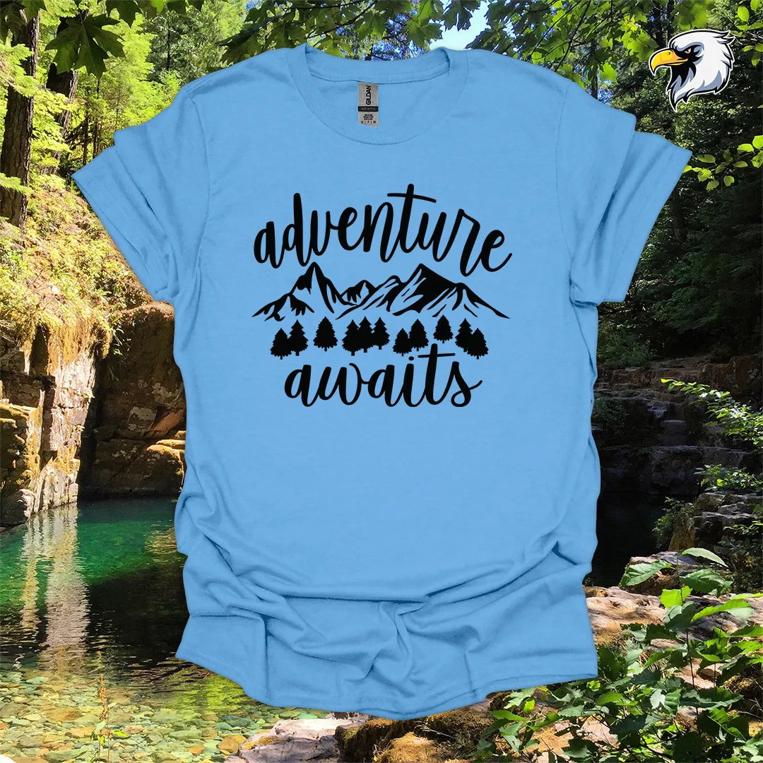 “Adventure Awaits” hiking t-shirt – Mountain & Forest Graphic
