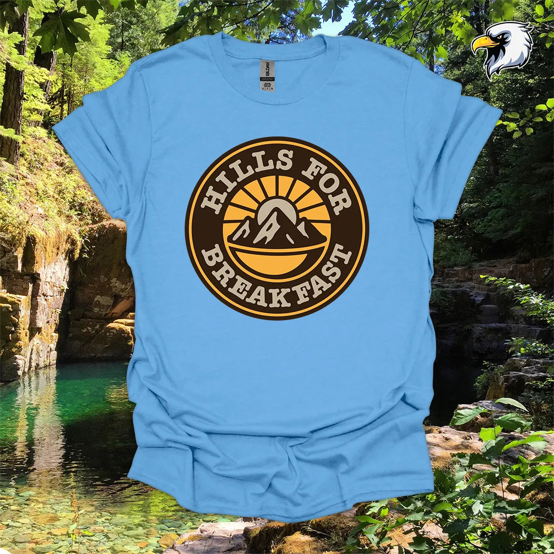 “Hills for Breakfast” hiking t-shirt – Retro Mountain Graphic