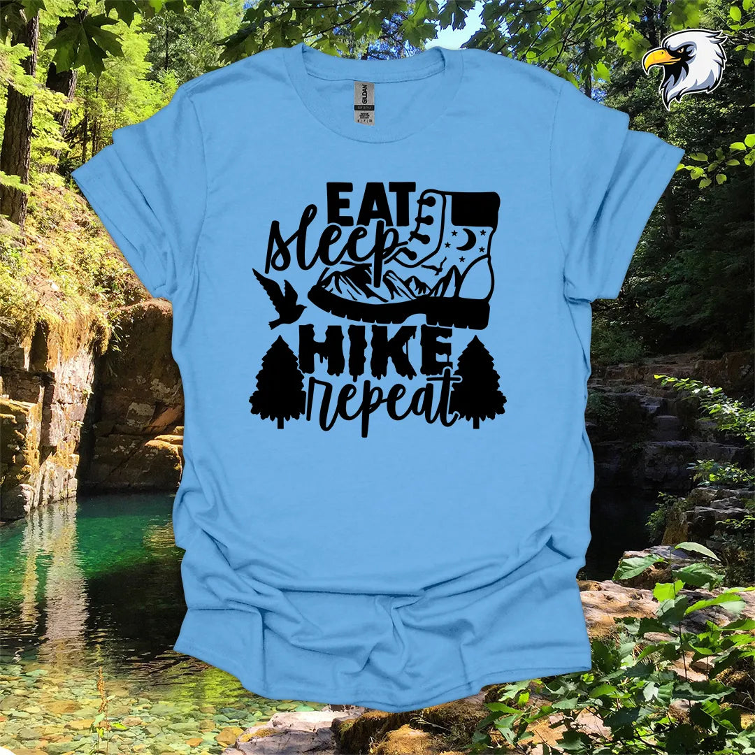 “Eat Sleep Hike Repeat” hiking t-shirt – Boot and Mountain Graphic