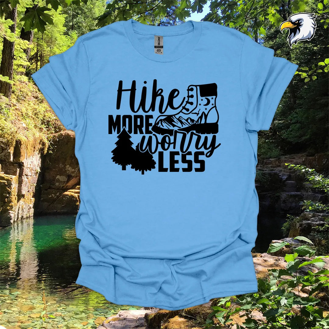 “Hike More Worry Less” hiking t-shirt – Mountain Boot Graphic