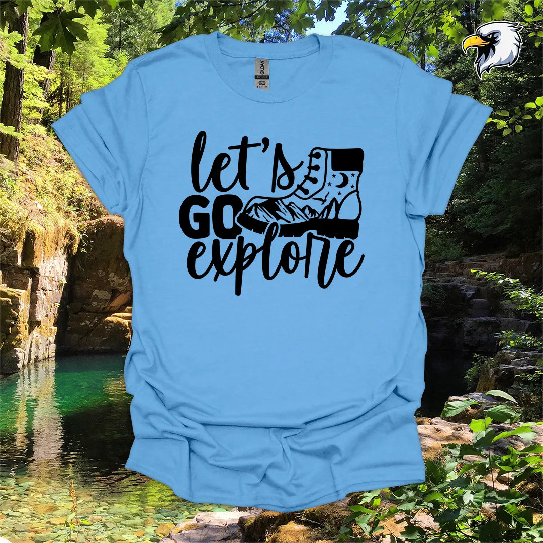 “Let’s Go Explore” hiking t-shirt – Boot and Mountain Graphic