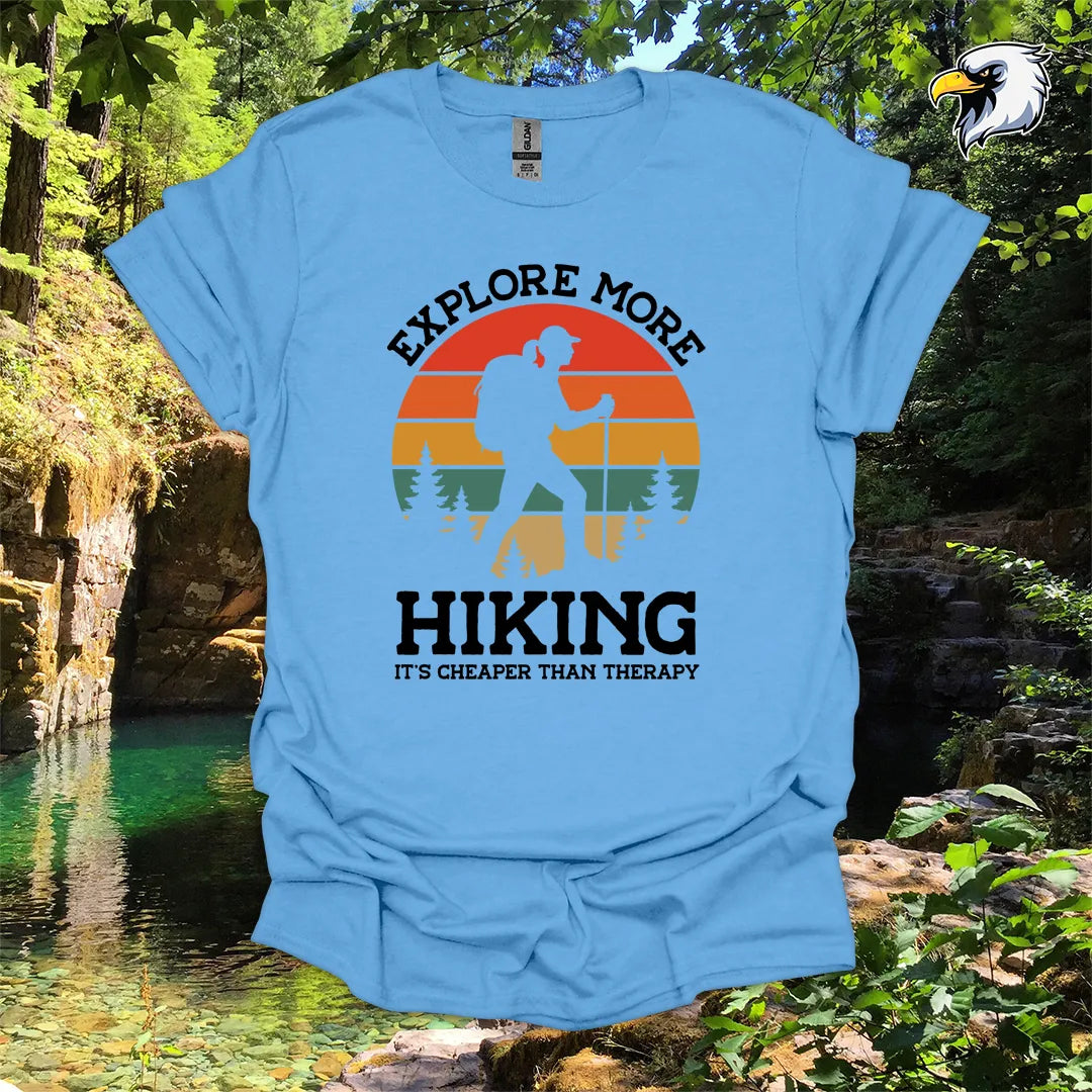 “Explore More Hiking, It’s Cheaper Than Therapy” women's hiking t-shirt – Retro Sunset Graphic