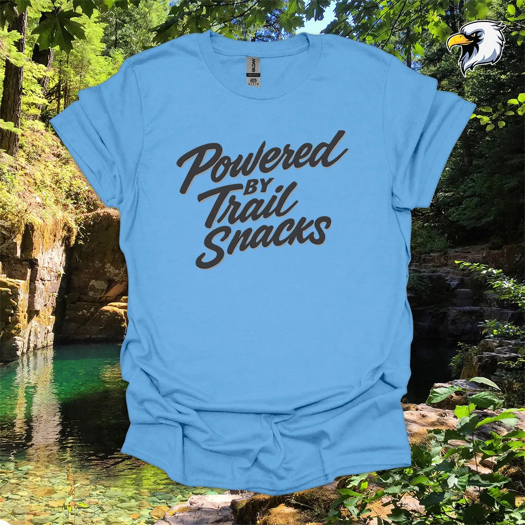 “Powered by Trail Snacks” Hiking T-Shirt – Bold Script Graphic