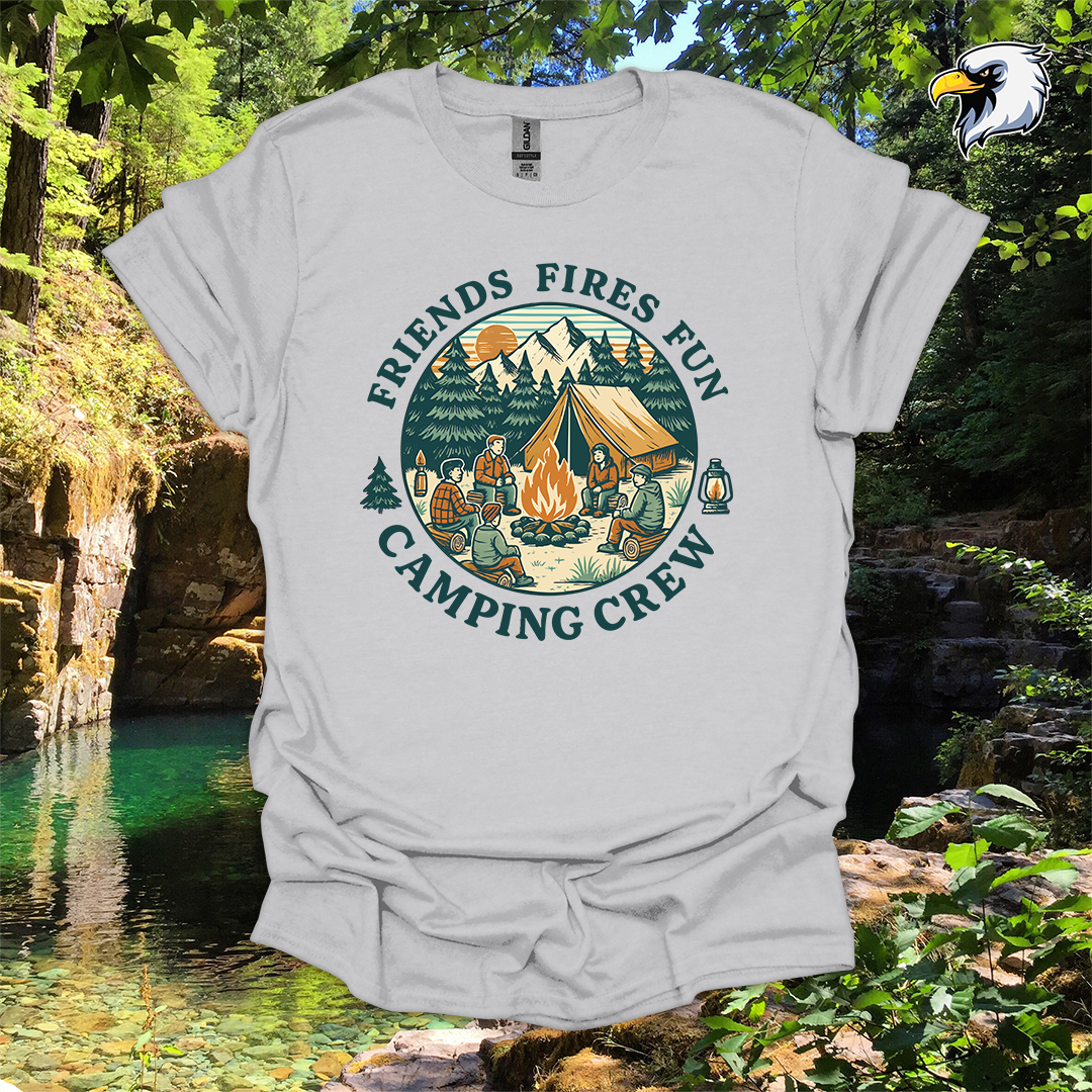 “Friends Fires Fun Camping Crew” hiking t-shirt – Vintage Campfire Graphic