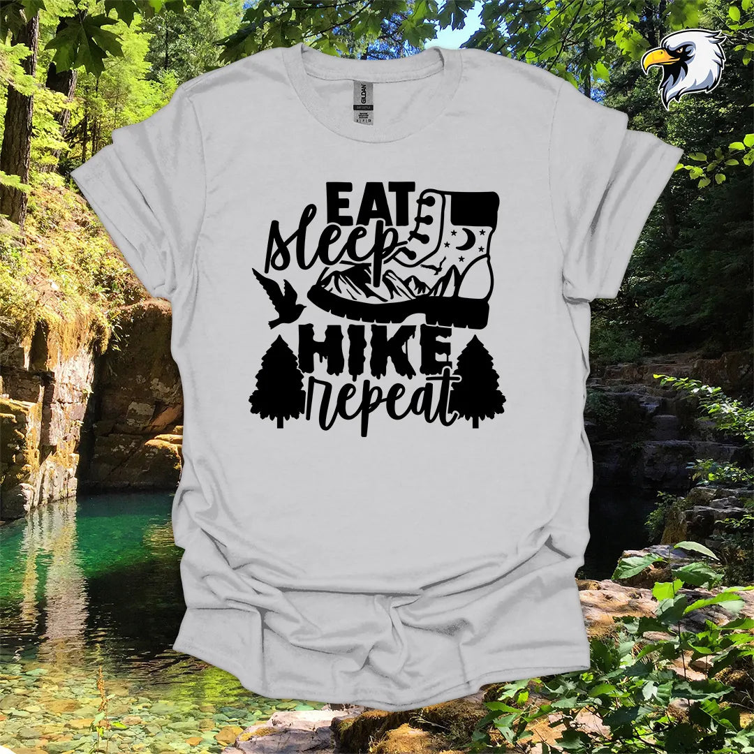 “Eat Sleep Hike Repeat” hiking t-shirt – Boot and Mountain Graphic