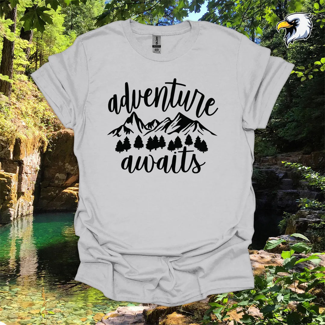 “Adventure Awaits” hiking t-shirt – Mountain & Forest Graphic