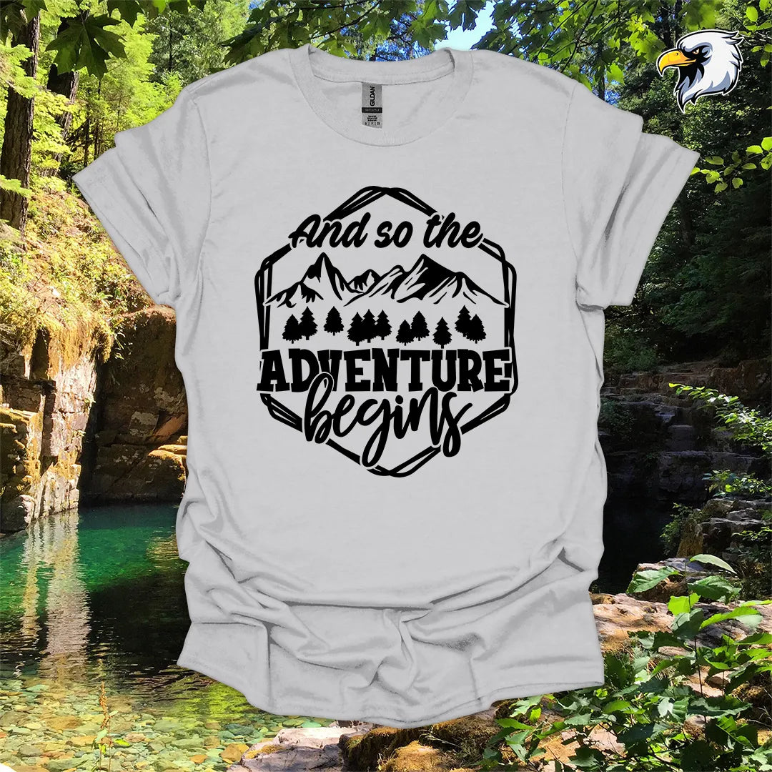 “And so the Adventure Begins” hiking t-shirt – Mountain Graphic