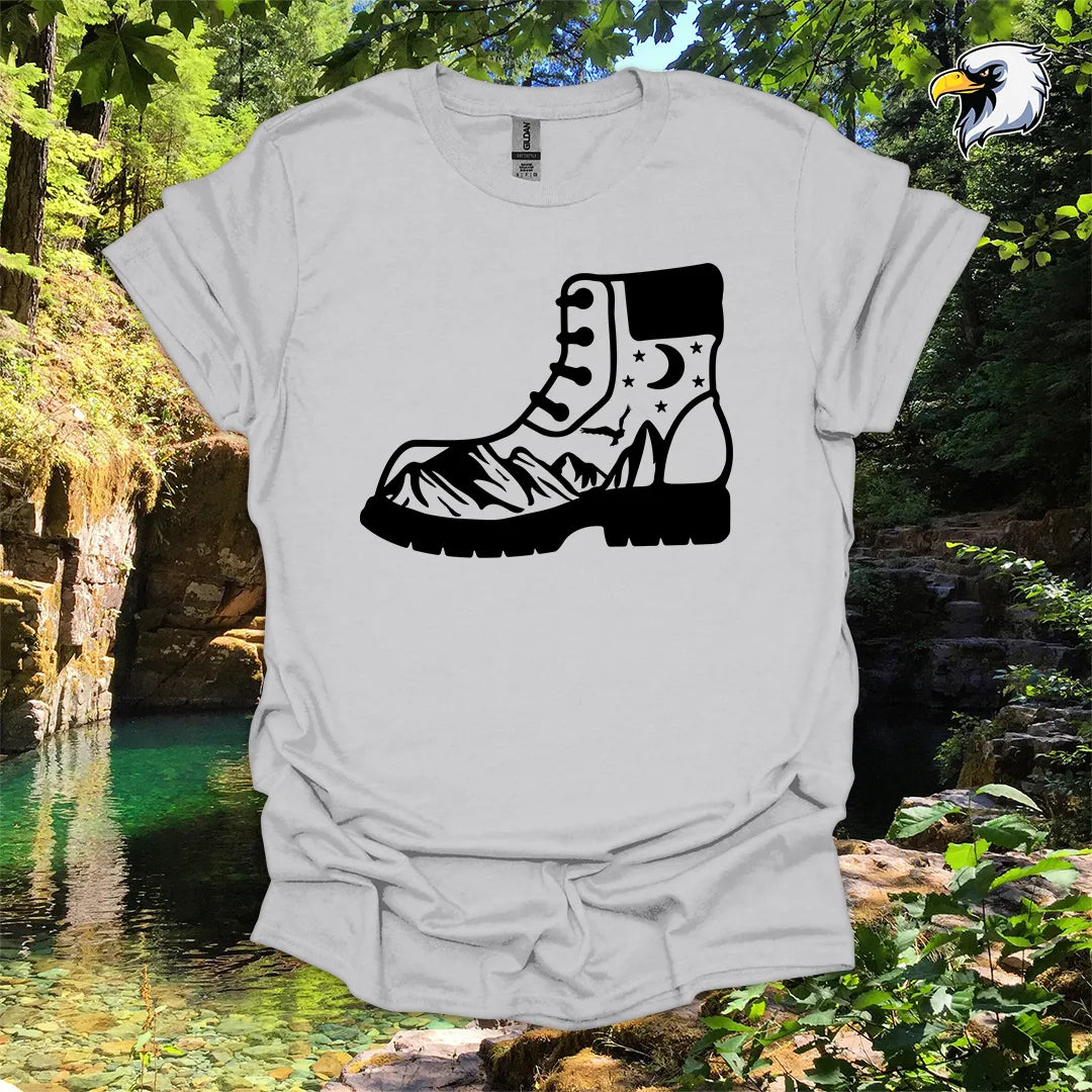 “Hiking Boots, Mountain Views” hiking t-shirt – Night Sky Graphic