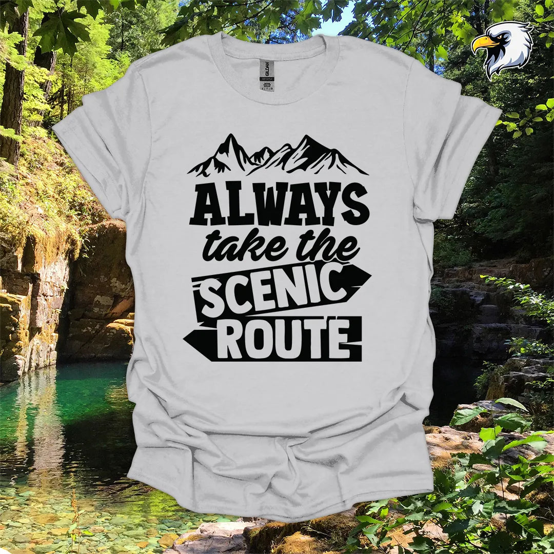 “Always Take the Scenic Route” hiking t-shirt – Mountain Graphic