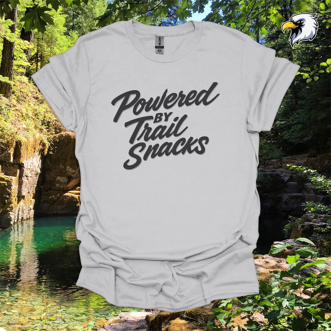 “Powered by Trail Snacks” Hiking T-Shirt – Bold Script Graphic