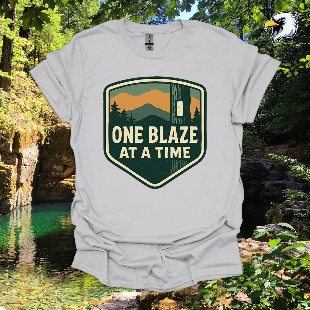 “One Blaze at a Time” Hiking T-Shirt – Mountain Badge Graphic