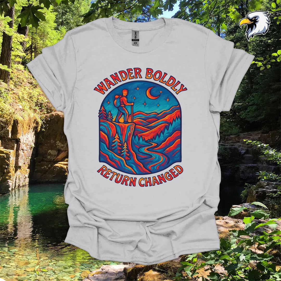 “Wander Boldly Return Changed” hiking t-shirt – Vibrant Mountain Graphic