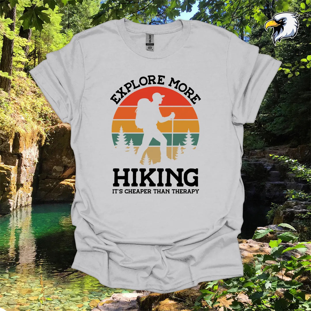 “Explore More Hiking, It’s Cheaper Than Therapy” men's hiking t-shirt – Retro Sunset Graphic