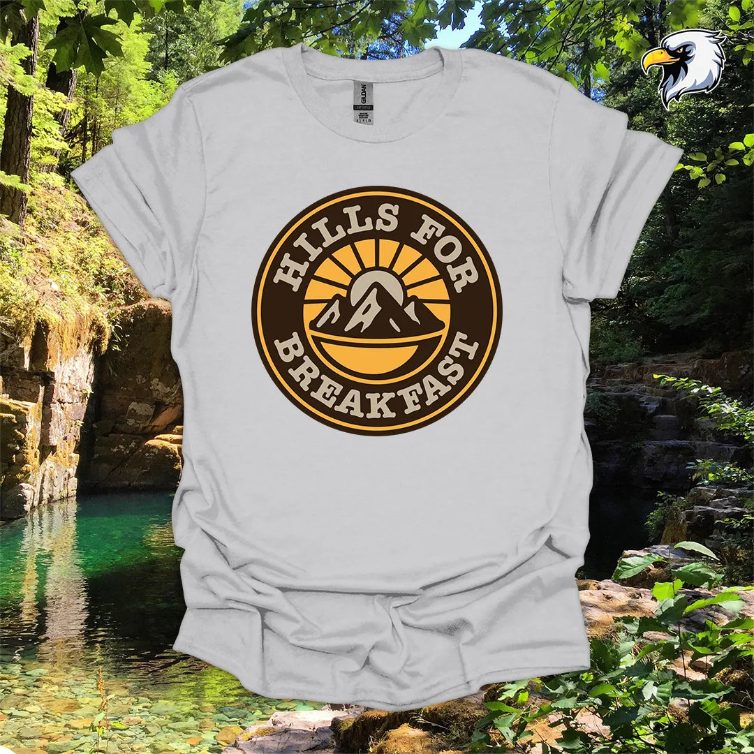 “Hills for Breakfast” hiking t-shirt – Retro Mountain Graphic