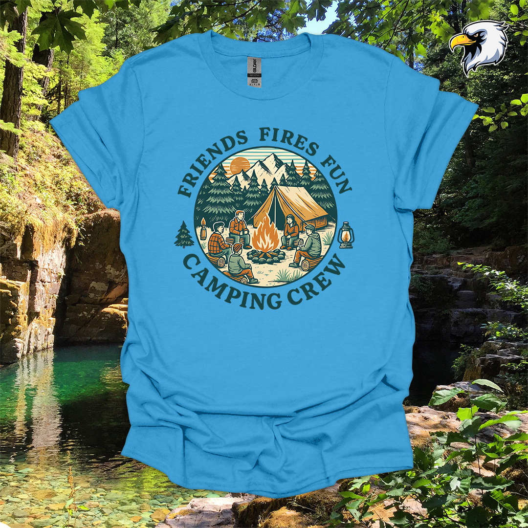 “Friends Fires Fun Camping Crew” hiking t-shirt – Vintage Campfire Graphic