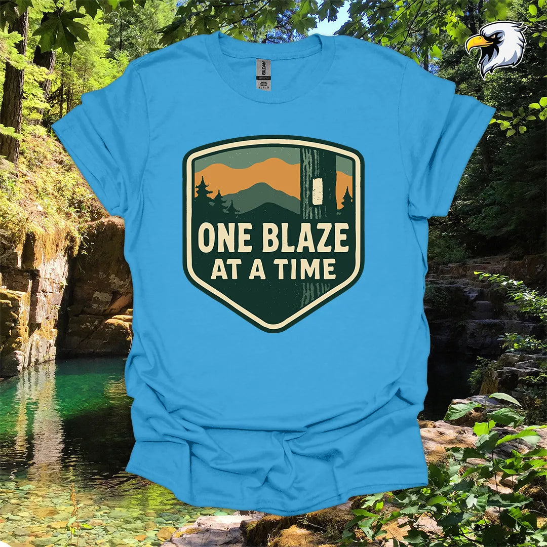 “One Blaze at a Time” Hiking T-Shirt – Mountain Badge Graphic