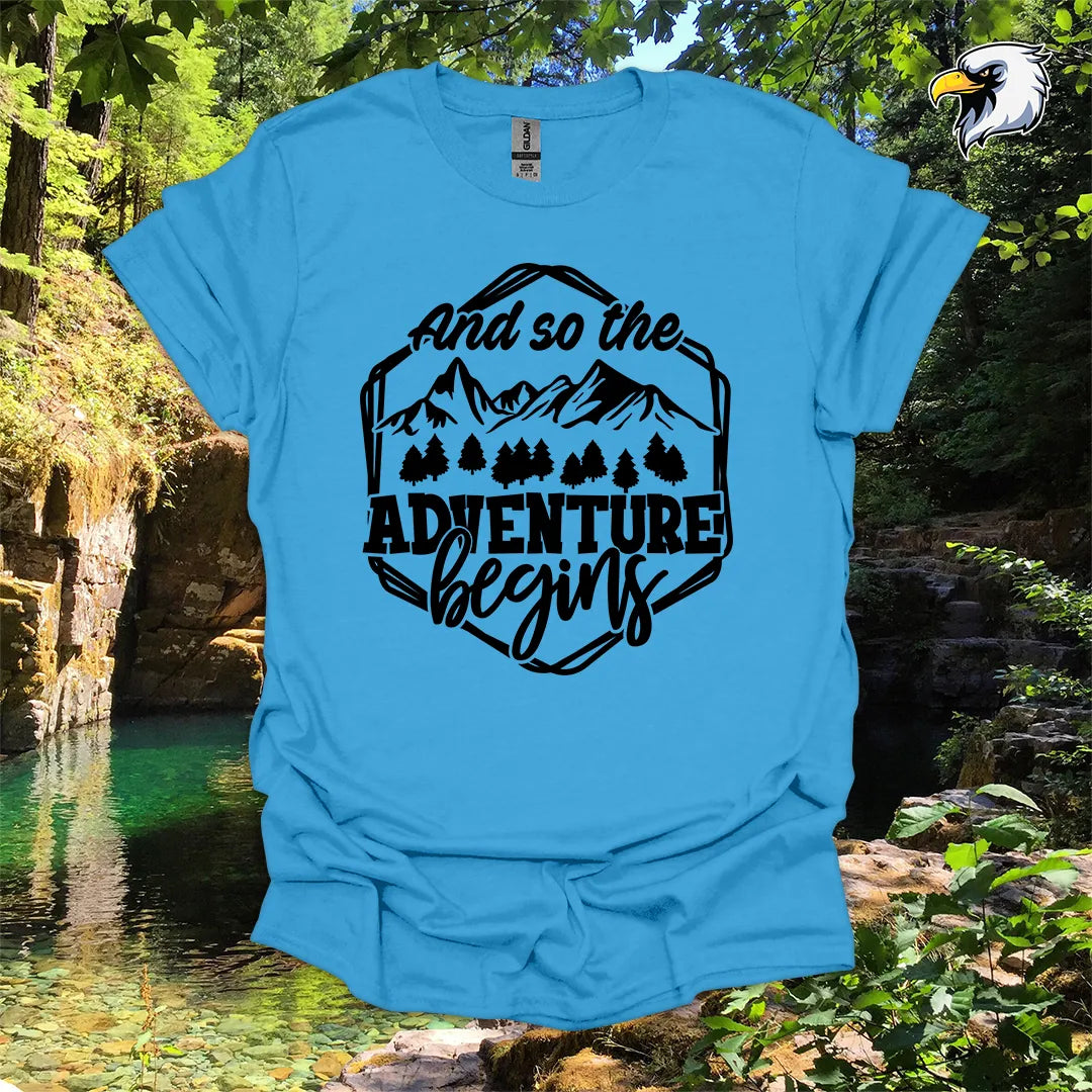 “And so the Adventure Begins” hiking t-shirt – Mountain Graphic