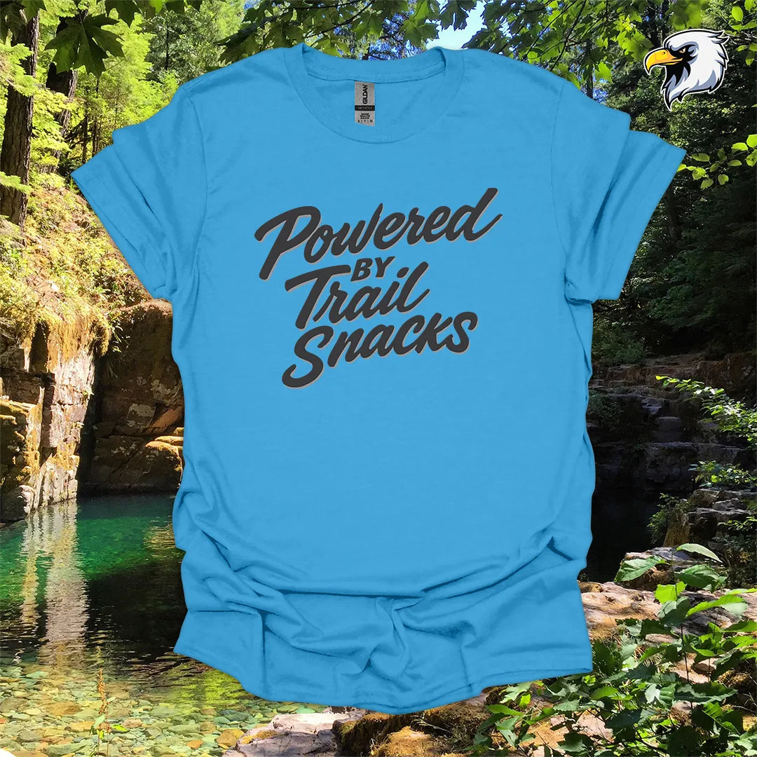 “Powered by Trail Snacks” Hiking T-Shirt – Bold Script Graphic