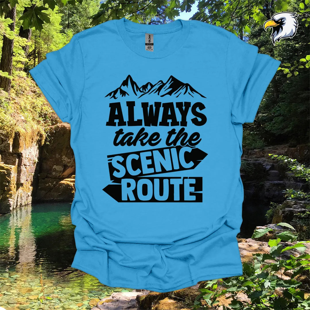 “Always Take the Scenic Route” hiking t-shirt – Mountain Graphic