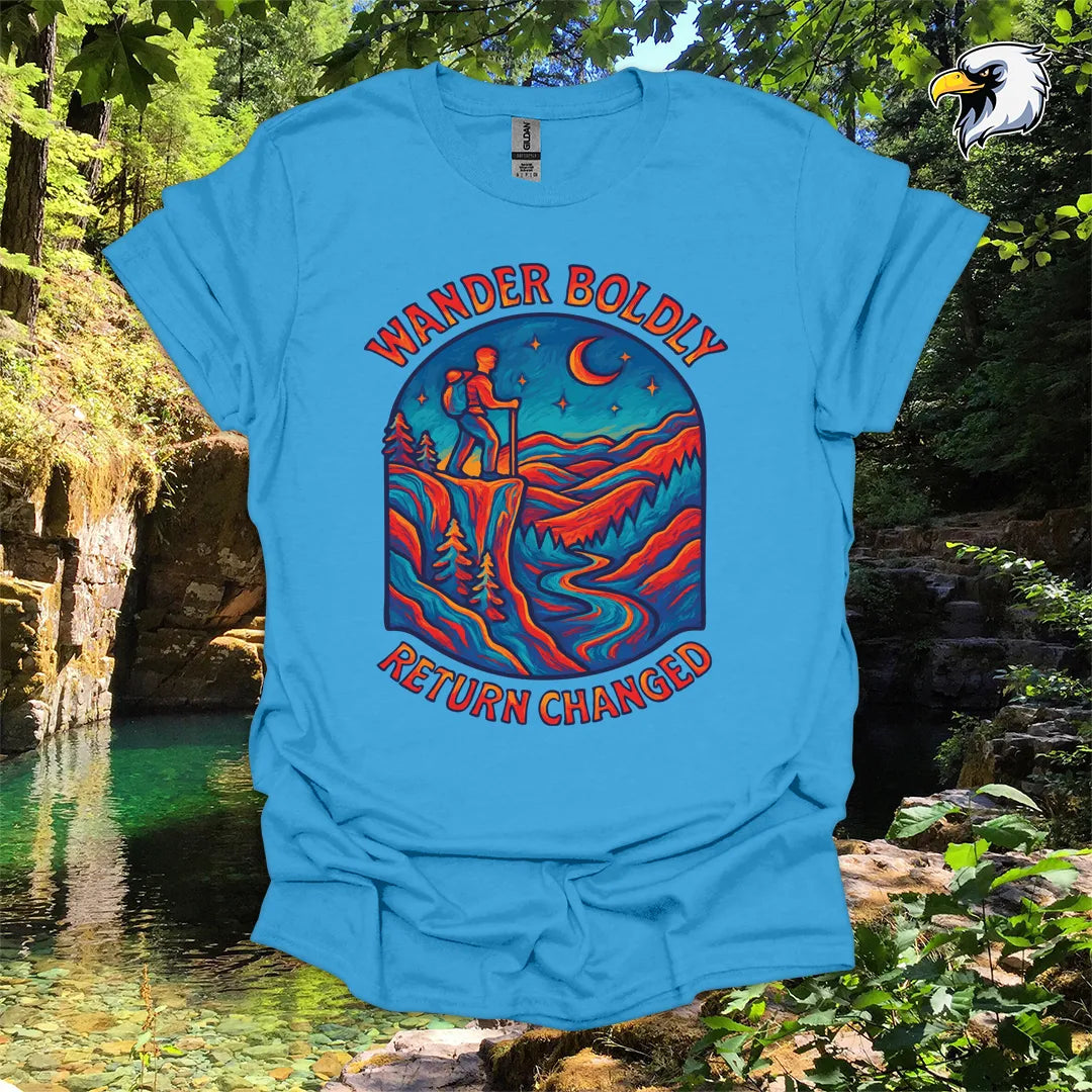 “Wander Boldly Return Changed” hiking t-shirt – Vibrant Mountain Graphic