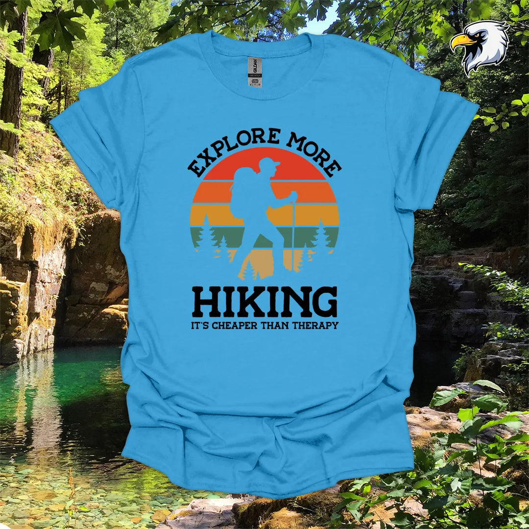 “Explore More Hiking, It’s Cheaper Than Therapy” men's hiking t-shirt – Retro Sunset Graphic