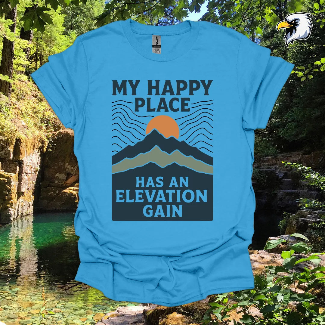 “My Happy Place Has an Elevation Gain” Hiking T-Shirt – Mountain Graphic