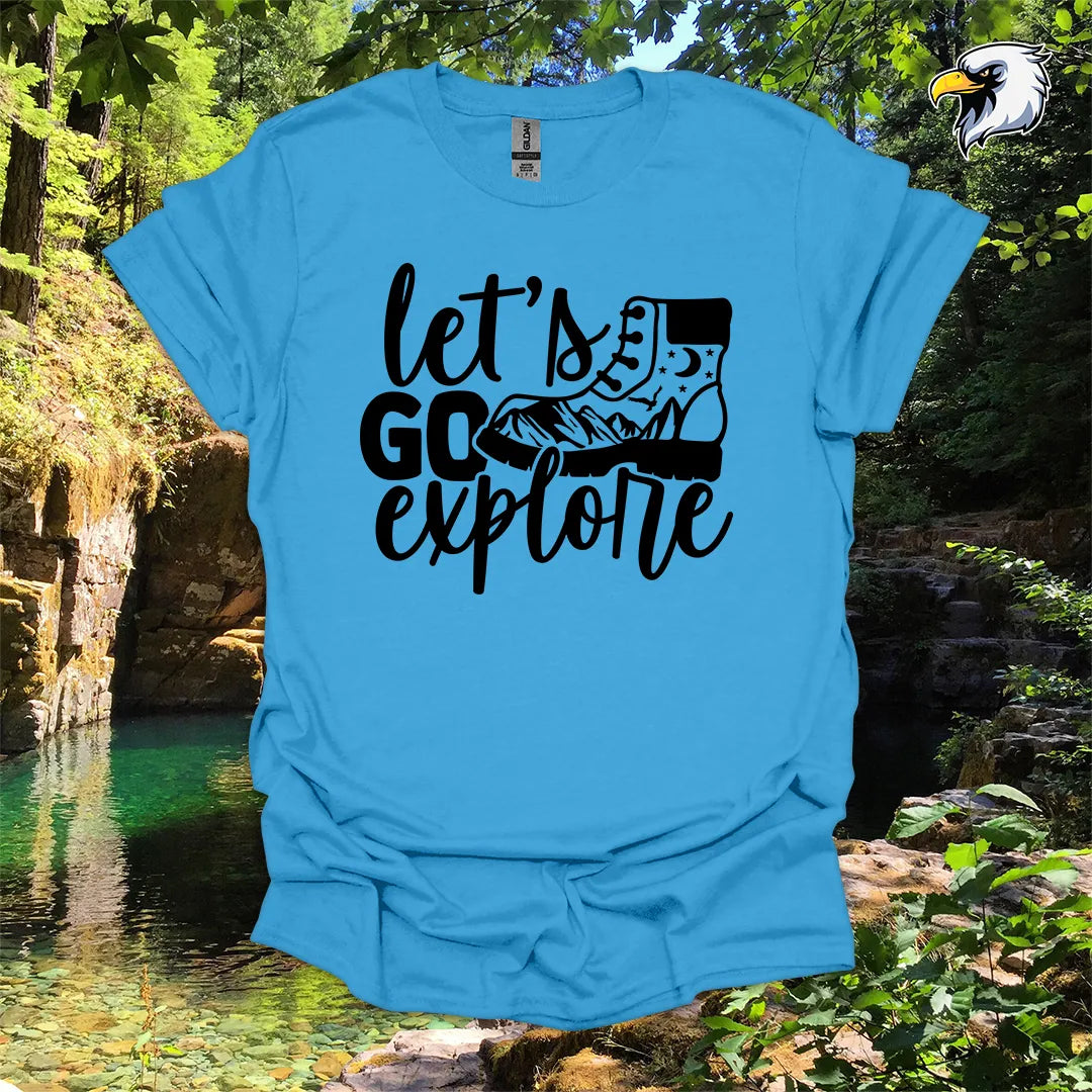 “Let’s Go Explore” hiking t-shirt – Boot and Mountain Graphic