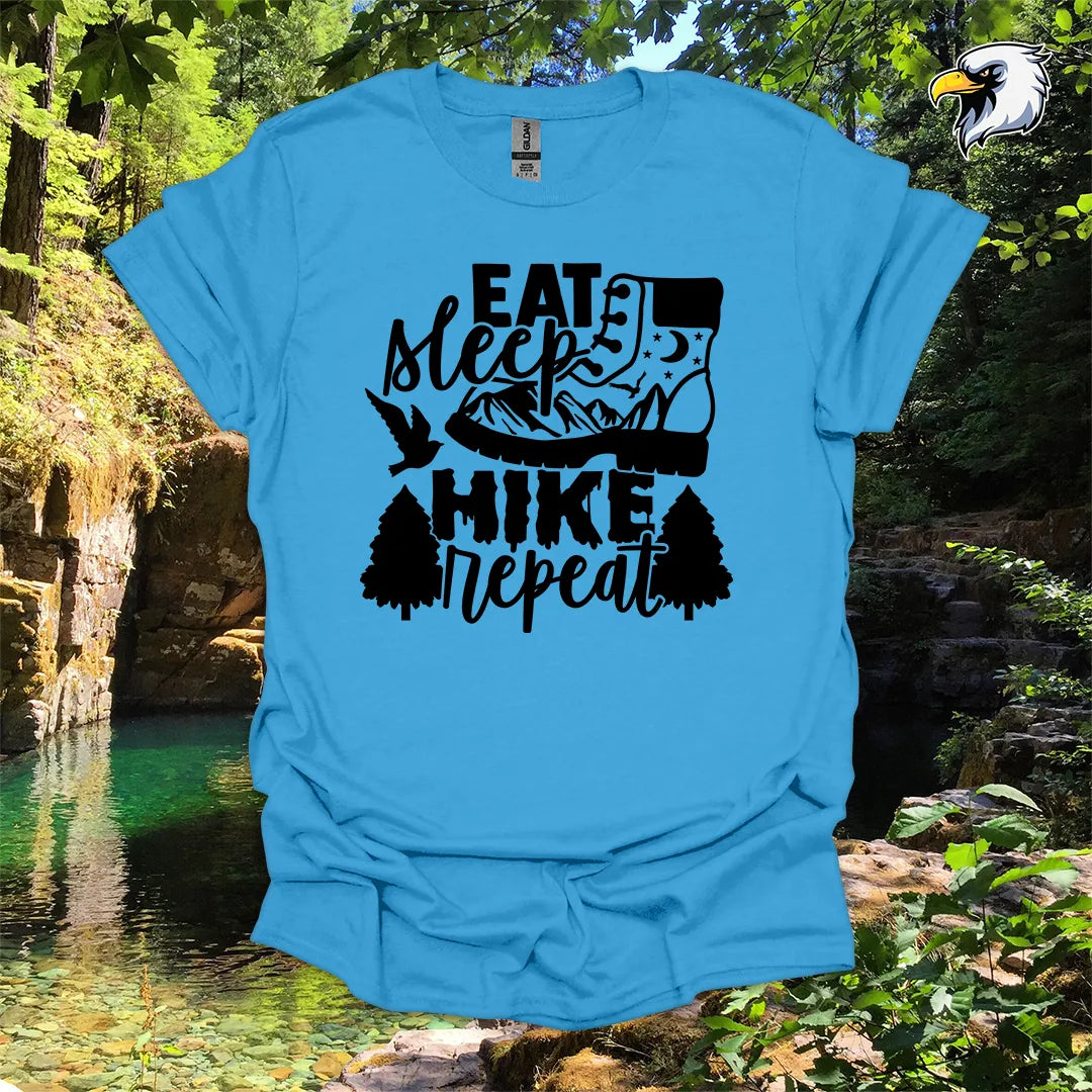 “Eat Sleep Hike Repeat” hiking t-shirt – Boot and Mountain Graphic