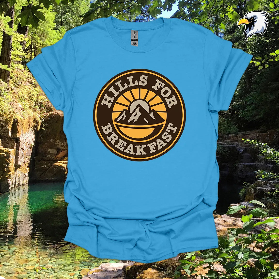 “Hills for Breakfast” hiking t-shirt – Retro Mountain Graphic